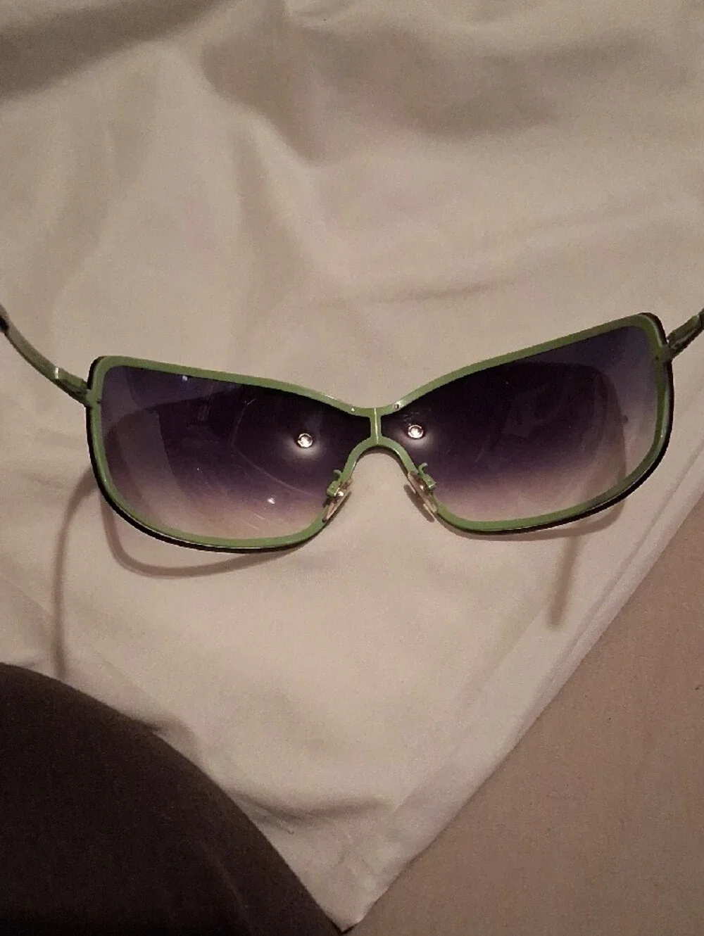 Vogue Oversized Shield Sunglasses with Green Trim and Crystal Studs